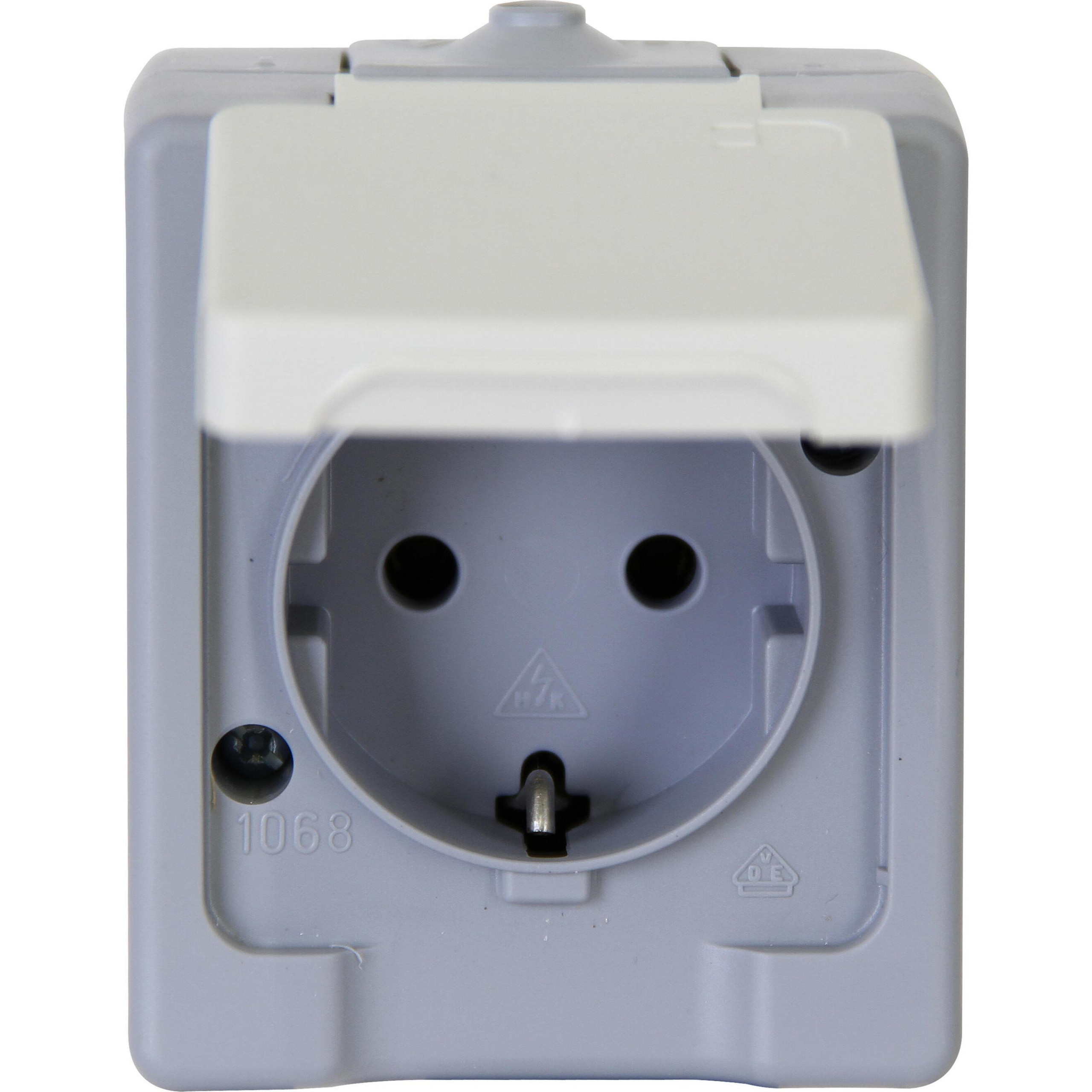 Schuko-Steckdose AP IP44 1-fach, Schraubkontakte Aufputz Steckdose IP44, 1-fach, mit Klappdeckel