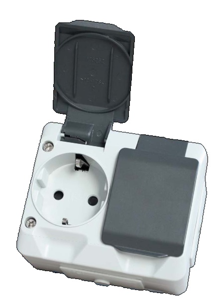 Schuko-Steckdose AP IP44 2-fach, Klemmkontakte Aufputz Steckdose IP44, 2-fach, mit Klappdeckel