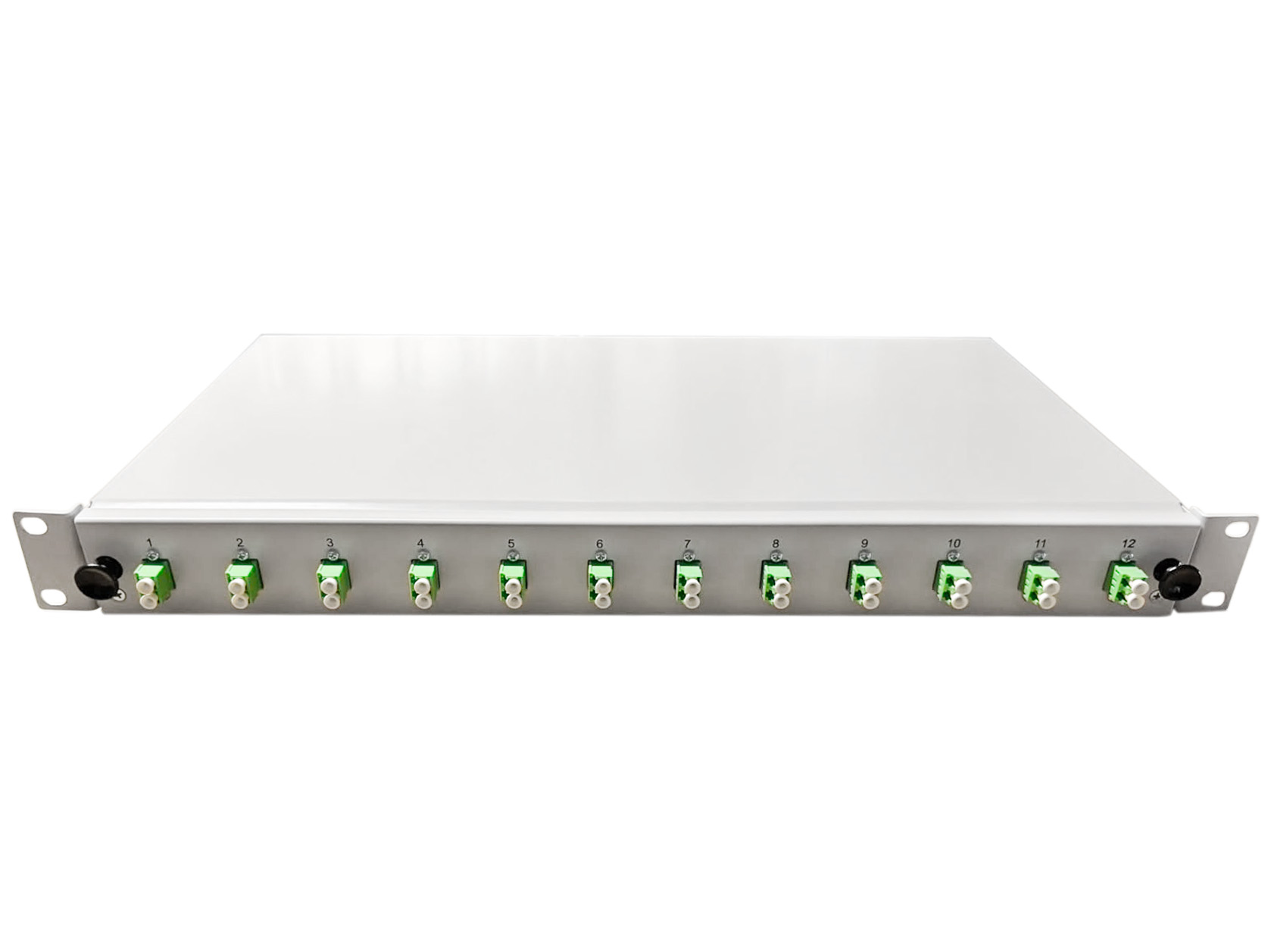 19'' LWL Spleißbox 1HE, 12xLC/APC Spleißfertig bestückt, 6x LCD-Kupplungen APC grün